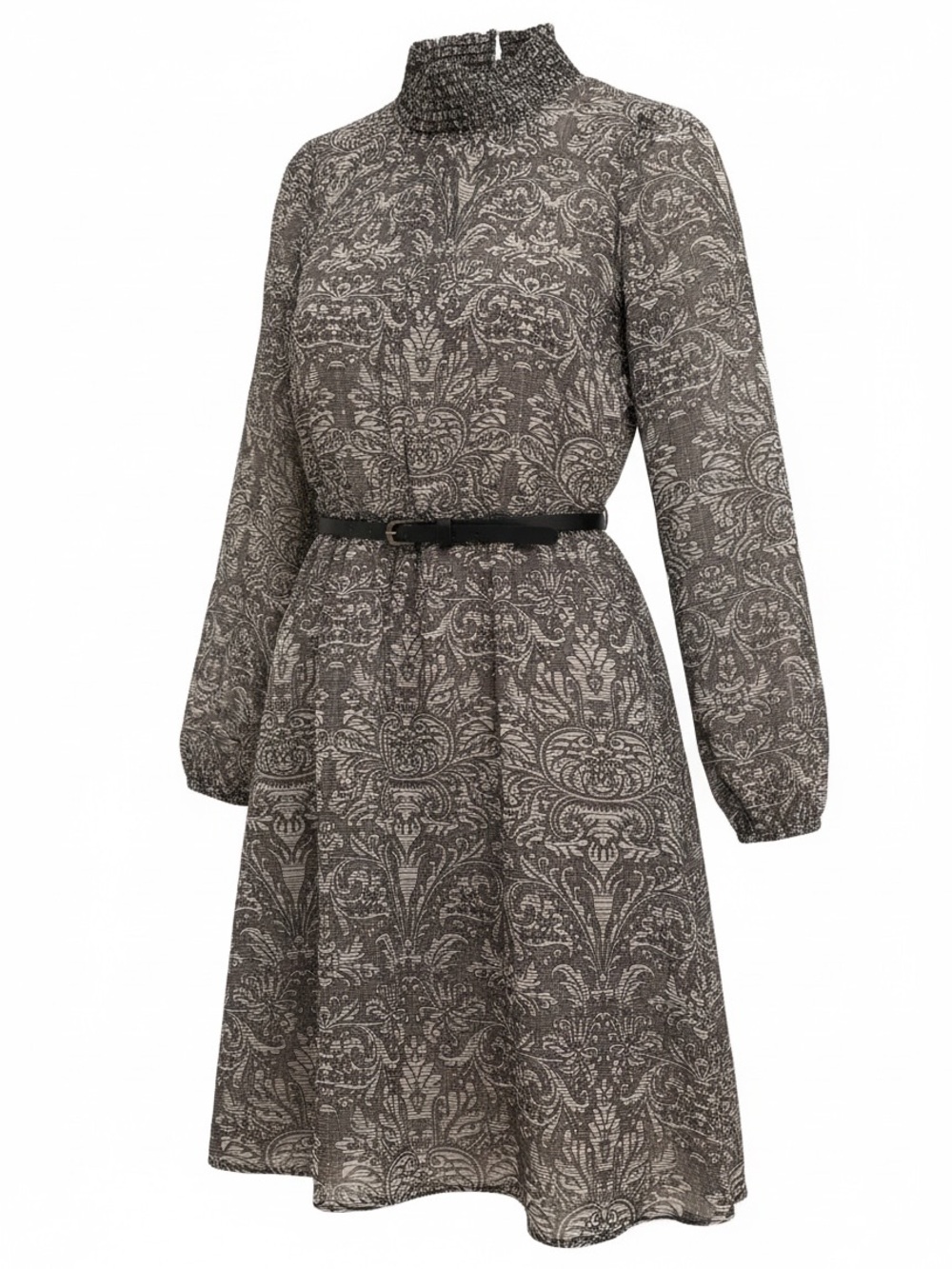 Forever 21 Black & Cream Printed Long-Sleeve Smocked Neck Dress